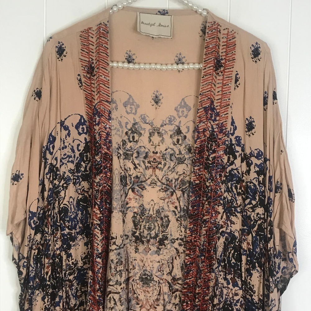 Anthropologie Beautiful Stories Pale Pink Beaded Dolman Sleeve Kimono OSFM - Picture 2 of 7